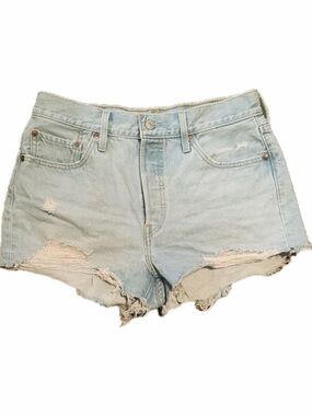 Levi's Light Blue Distressed High-Rise Denim Shorts, button fly. No stretch.